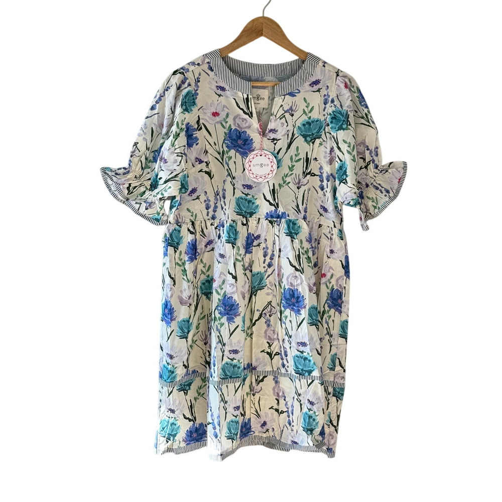 Umgee NWT Blue Floral Babydoll Mini Dress Tiered Cotton Size L - Picture 2 of 5